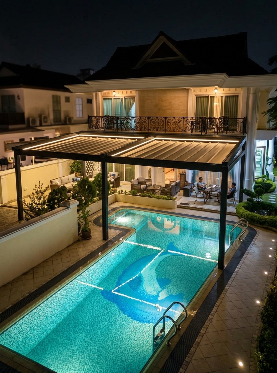 Patio with a motorised retractable roof