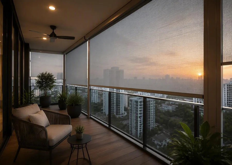 Motorised zip blind lowering on a balcony