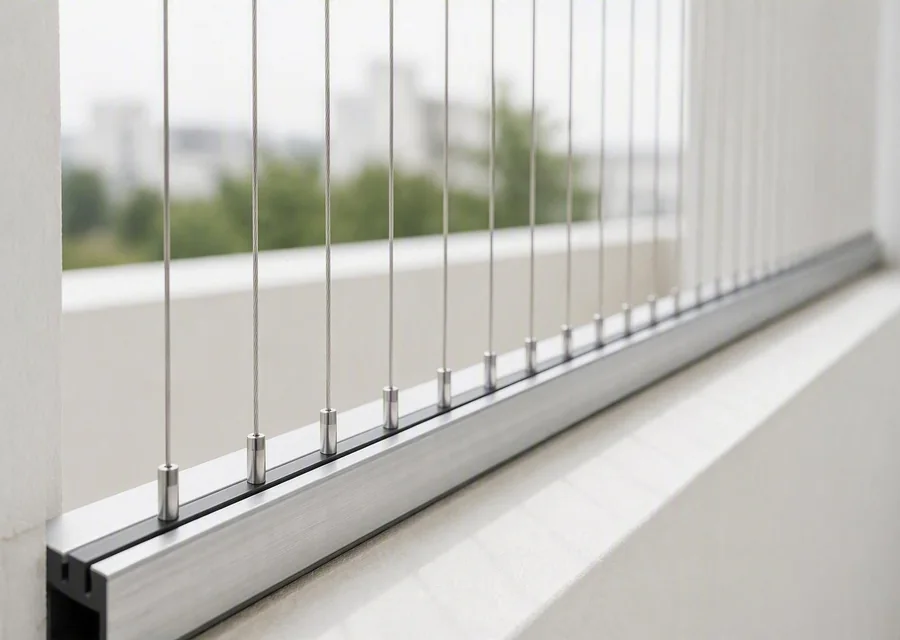 Close view of a nylon-coated vertical cable grille