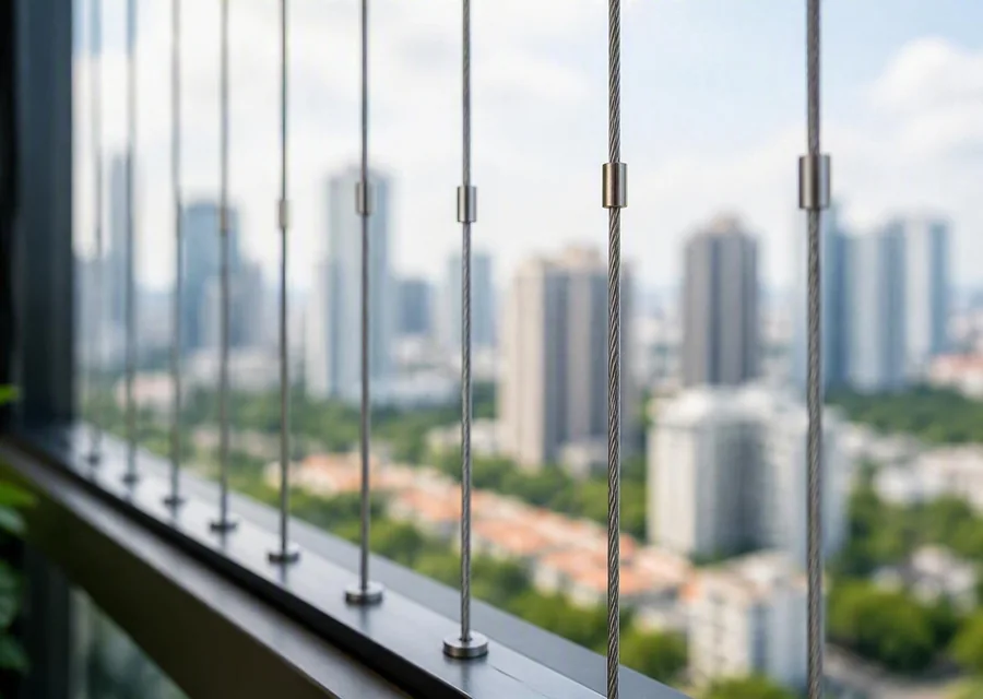Close view of a PTFE-coated vertical cable grille