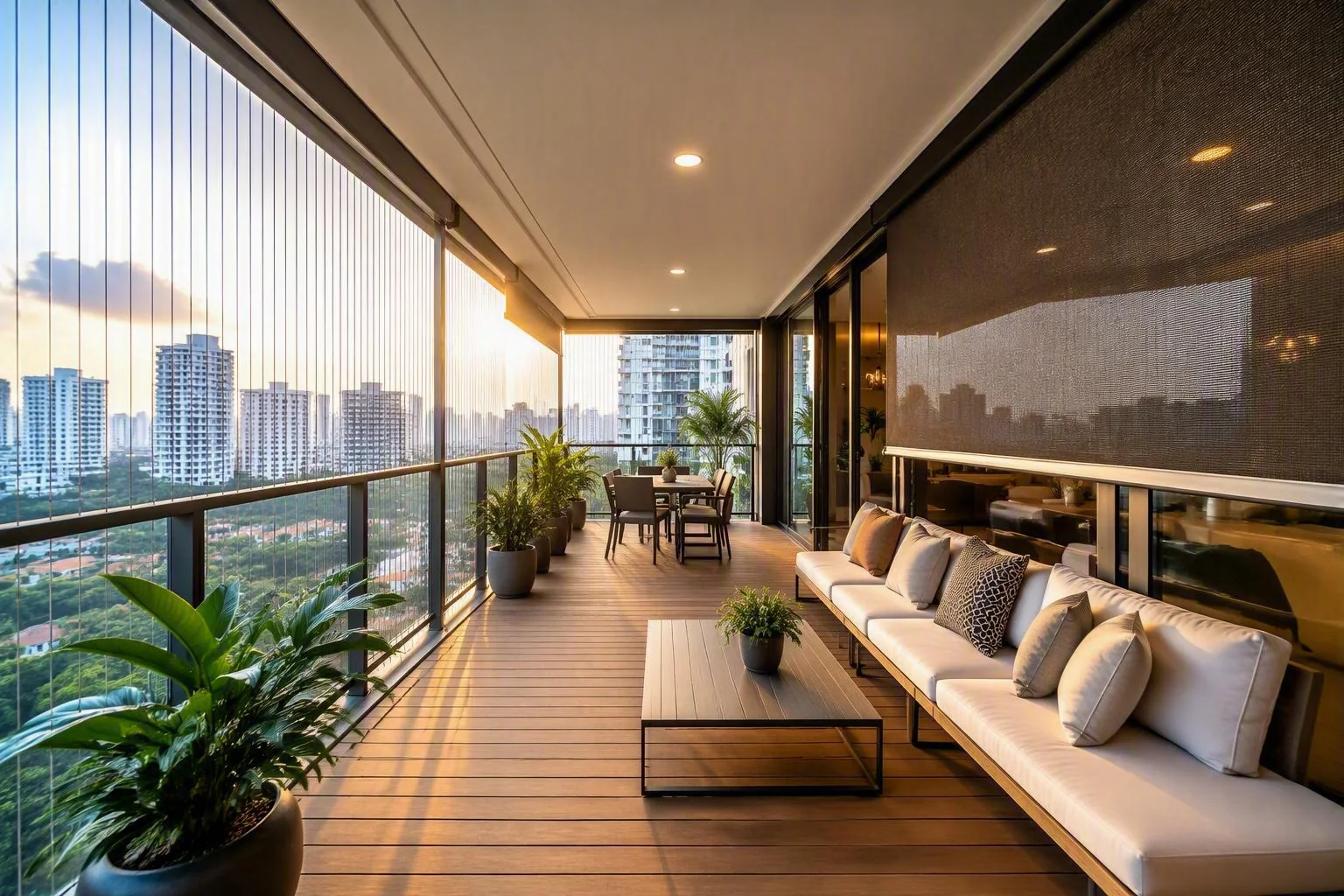 Singapore balcony with composite decking, motorised zip blinds, an invisible grille railing and a retractable roof at golden hour
