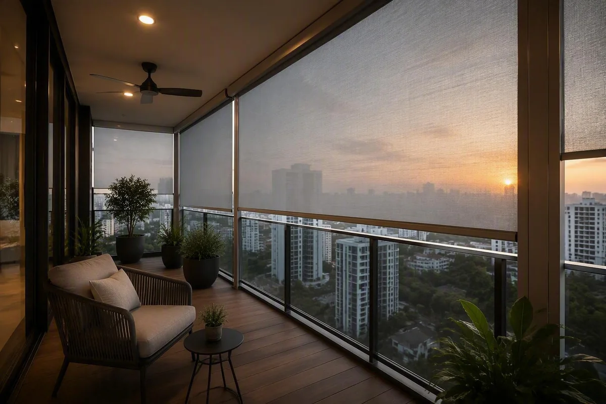 Balcony enclosed with motorised zip blinds