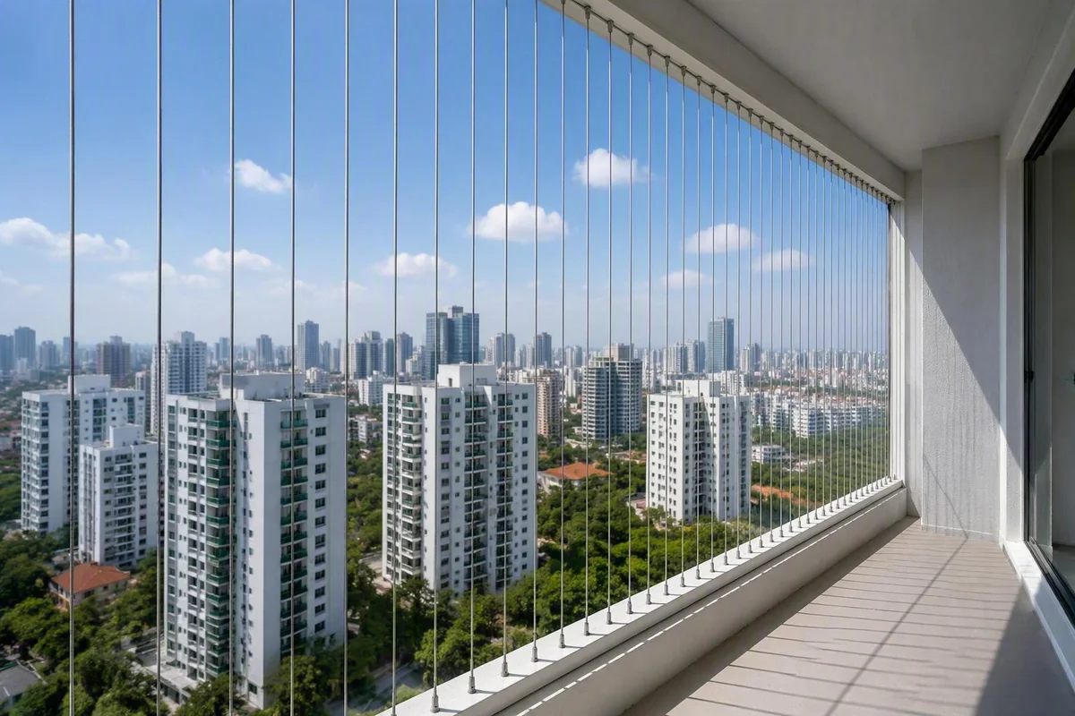 Vertical invisible grille cables on a balcony