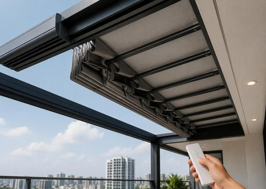 Hand using a remote to operate a motorised retractable roof