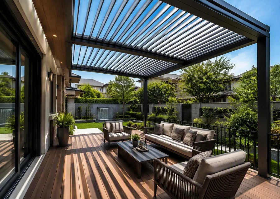 Aluminium louvered pergola roof over an outdoor lounge